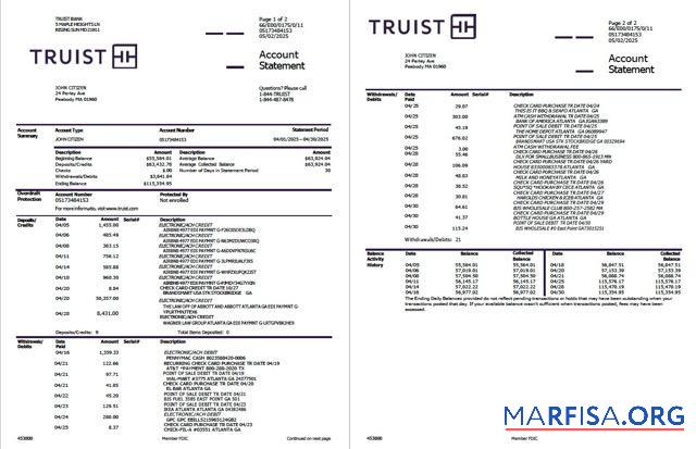 Printable USA Truist bank account statement word 2 pages download for verification